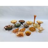 15 PIECES OF CARNIVAL GLASS TO INCLUDE FOOTED BOWLS, DISHES AND HANDLED BOWLS IN THE MARIGOLD,