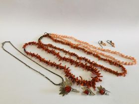 CORAL NECKLACE AND BEADED NECKLACE AND CORAL SET NECKLACE AND EARRINGS.