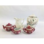 A GROUP OF DECORATIVE CERAMICS TO INCLUDE AN ORIENTAL THREE PIECE TEASET, CONTINENTAL FIGURE,