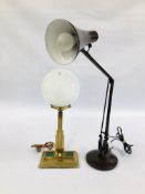 AN ART DECO STYLE BRASS LAMP H 52CM (COLLECTORS ITEM ONLY) ALONG WITH VINTAGE ANGLE POISE LAMP -