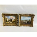 TWO GILT FRAMED OIL ON BOARDS DEPICTING HEAVY HORSES, BEARING SIGNATURE JOHN MUNNINGS,