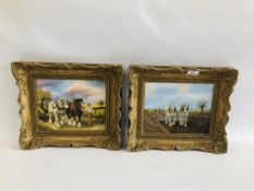 TWO GILT FRAMED OIL ON BOARDS DEPICTING HEAVY HORSES, BEARING SIGNATURE JOHN MUNNINGS,