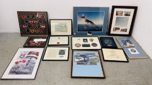 FRAMED CANADIAN AND AMERICAN FRAMED MILITARY BADGES, PRINTS AND CERTIFICATES.