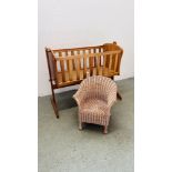 A PINE BABIES R US COT - L 94CM X W 54CM ALONG WITH WICKER CHILD'S BEDROOM CHAIR.