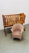 A PINE BABIES R US COT - L 94CM X W 54CM ALONG WITH WICKER CHILD'S BEDROOM CHAIR.