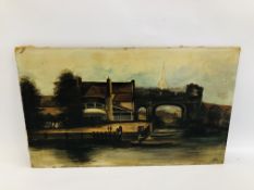 NORWICH SCHOOL (19TH CENTURY) 'PULL'S FERRY' OIL ON BOARD DATED 1874 - 34 X 55CM.