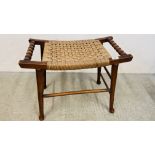 A VINTAGE OAK STOOL WITH A SEAGRASS LATTICE WORK SEAT, TURNED BOBBIN HANDLES W 63CM X D 33CM X H 50.