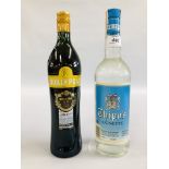 A 750ML BOTTLE OF NOILLY PRAT & CIE AMBRE + A LITRE BOTTLE OF THIPOS ANISETTE.