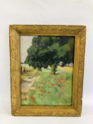 ENGLISH SCHOOL (LATE 19TH CENTURY) 'POPPIES BY PATH' OIL ON CANVAS, UNSIGNED - 40 X 28CM.