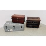 A GROUP OF 3 VINTAGE TRUNKS TO INCLUDE TIN AND GALVANISED EXAMPLES + A DOMED METAL BANDED EXAMPLE