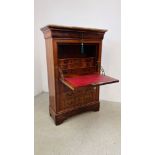 ANTIQUE WALNUT AND MAHOGANY FRENCH SECRETAIRE ABATTANT W104CM, D 44CM, H 154CM.