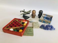 A BOX OF COLLECTABLE TOYS AND GAMES.