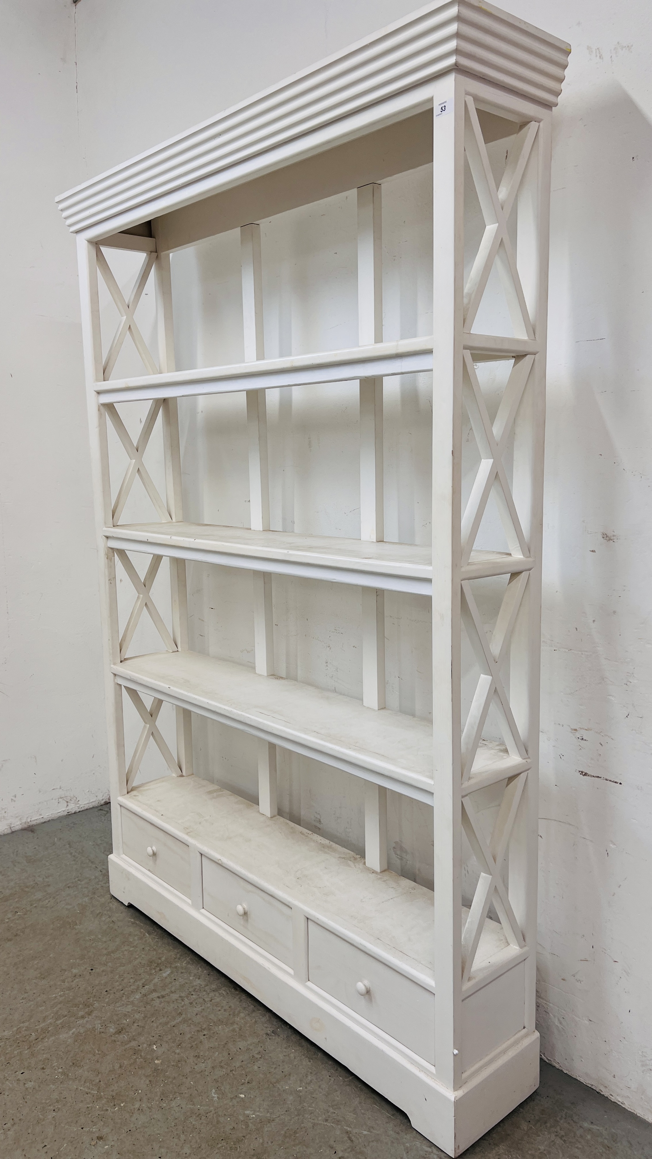 A WHITE PAINTED FOUR TIER BOOKSHELF WITH DRAWERS TO BASE - HEIGHT 200CM. WIDTH 132CM. DEPTH 30CM. - Image 3 of 12