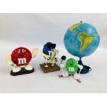 3 MARS INCORPORATED M & M FIGURES ALONG WITH AN LUMINOUS WORLD GLOBE.