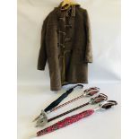 THE GENUINE ENGLISH DUFFEL COAT CHEST 42 ALONG WITH 2 SHOOTING STICKS AND A SHOOTING STICK UMBRELLA