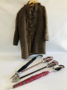 THE GENUINE ENGLISH DUFFEL COAT CHEST 42 ALONG WITH 2 SHOOTING STICKS AND A SHOOTING STICK UMBRELLA