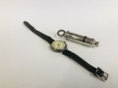 A VINTAGE SILVER CASED WRIST WATCH WITH ENAMELED DIAL HAVING A SWISS MOVEMENT ON LEATHER STRAP AND