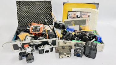 TWO ALUMINIUM CASES CONTAINING ASSORTED SLR CAMERA EQUIPMENT TO INCLUDE PENTAX,