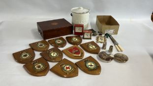 A BOX OF COLLECTIBLES TO INCLUDE VINTAGE ENAMELED BREAD BIN, 2 PRATTWARE POT LIDS,