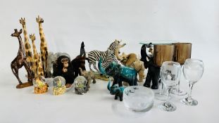 A GROUP OF AFRICAN INSPIRED ORNAMENTS TO INCLUDE ZEBRA, GIRAFFE, ELEPHANTS, MONKEY ETC.