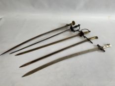 A GROUP OF 5 DECORATIVE SWORDS INCLUDING BRASS HANDLES ETC - NO POSTAGE.