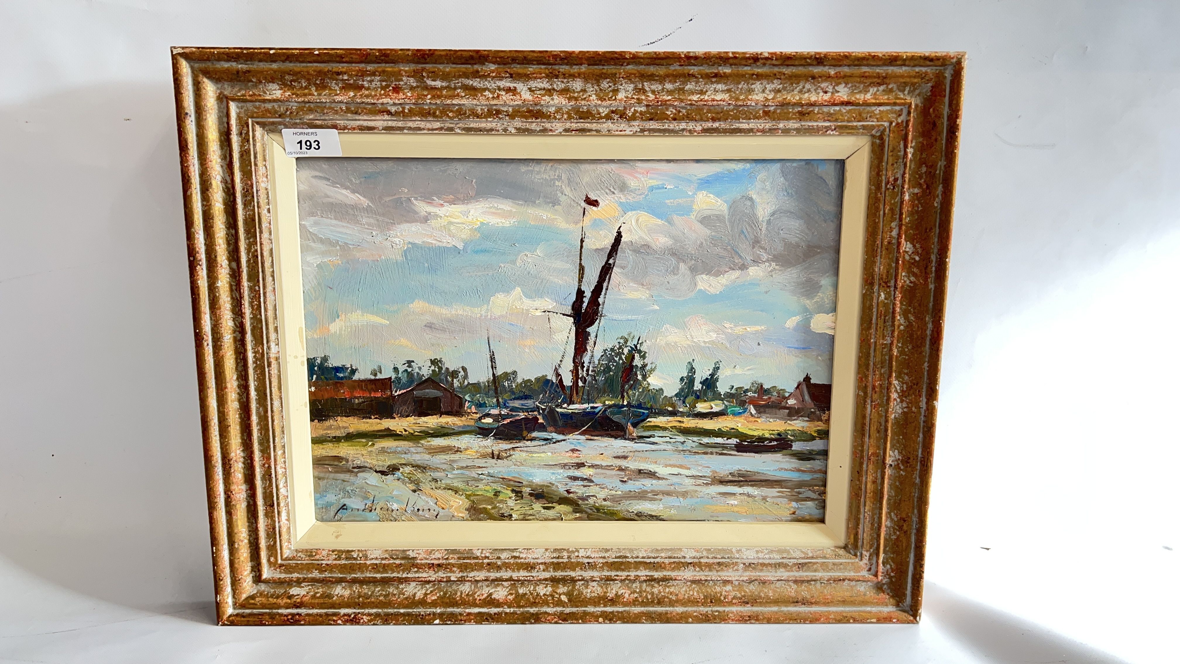FRAMED OIL ON BOARD "OLD THAMES BARGE" BEARING SIGNATURE ANDREW KING W 39CM X H 28CM.