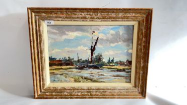 FRAMED OIL ON BOARD "OLD THAMES BARGE" BEARING SIGNATURE ANDREW KING W 39CM X H 28CM.