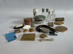 COLLECTION OF COMPACTS, SCENT BOTTLES, BAKELITE PIECES, HAND PAINTED POWDER BOWL, PIN CUSHIONS,