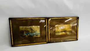 PAIR OF ORIGINAL GILT FRAMED WATERCOLOURS DEPICTING FISHING BOATS UPON A SEA SHORE.