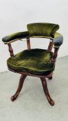 A LATE 19TH CENTURY JAS SHOOLBRED SWIVEL DESK CHAIR UPHOLSTERED IN GREEN VELOUR