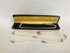 A STRING OF PEARLS WITH A 9CT GOLD CLASP L 36CM ALONG WITH A FURTHER FRESH WATER PEARL AND AMETHYST