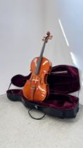 GEAR 4 MUSIC MODEL 414 CELLO IN PADDED TRANSIT CASE WITH BOW (SOUND POST IS DETACHED).