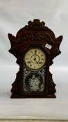 A VINTAGE OAK CASED GINGERBREAD STYLE MANTEL CLOCK H 50CM.