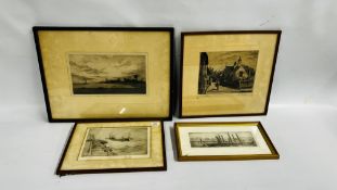 A GROUP OF 4 ETCHINGS TO INCLUDE A LOCAL HARBOUR SCENE INDISTINCT SIGNATURE,