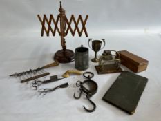 VINTAGE BYGONES TO INCLUDE WOODEN WOOL WINDER, SCALES, PEWTER 1889 MILITARY TOURNAMENT ,