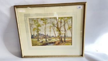 FRAMED AND MOUNTED "SHEEP BY STREAM" WATERCOLOUR BEARING SIGNATURE TOM CAMPBELL W 37CM X 25.5CM.
