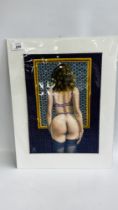 AN ORIGINAL KRYS LEACH SIGNED ARTWORK TITLED "IN THE FRAME" OILS ON PATTERNED FABRIC ON BOARD - W