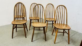 6 1960'S STYLE STICK BACK DINING CHAIRS, 2 PRESTIGE, THE OTHER 4 SIMILAR 1960'S DESIGN.