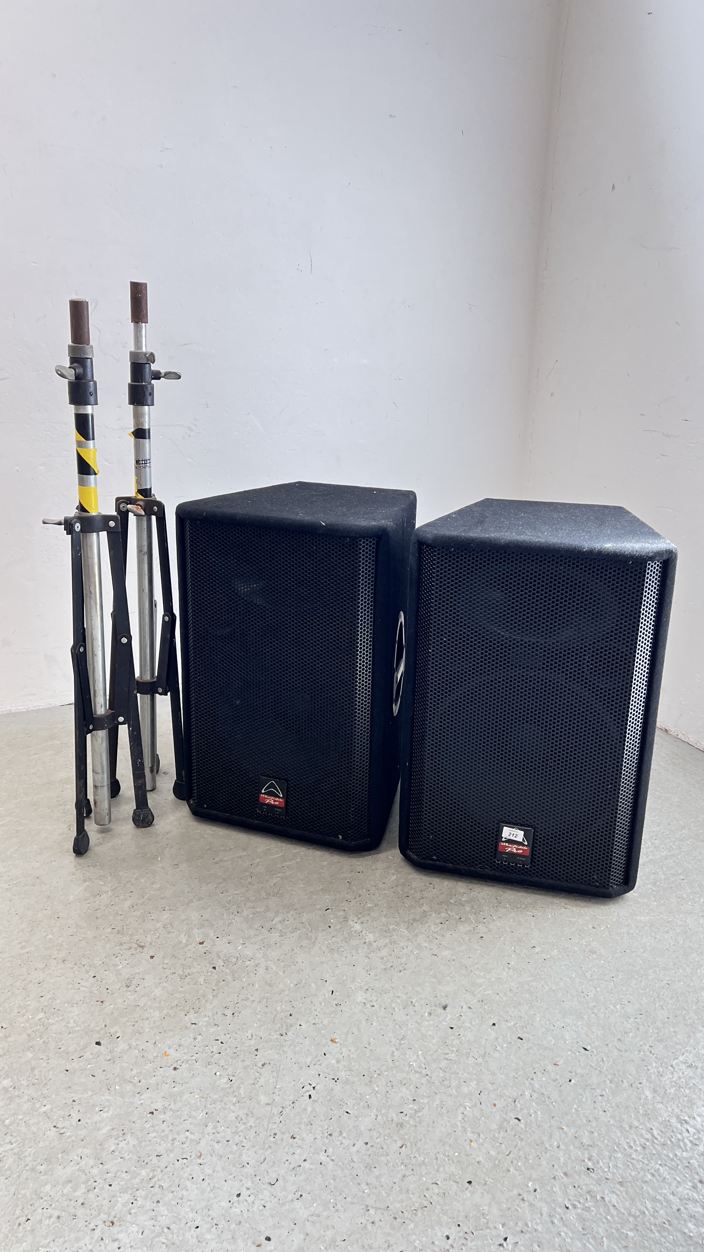 PAIR OF WHARFDALE PRO EVP-X15PA LOUD SPEAKERS PLUS PAIR OF FOLDING TRIPOD STANDS - SOLD AS SEEN -