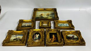 A GROUP OF REPRODUCTION GILT FRAMED PICTURES DEPICTING SHIPPING AND CHERUB SCENES.