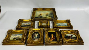 A GROUP OF REPRODUCTION GILT FRAMED PICTURES DEPICTING SHIPPING AND CHERUB SCENES.