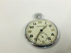 A VINTAGE MILITARY POCKET WATCH MARKED JAEGER-LE-COULTRE REVERSE ENGRAVED WITH BROAD ARROW G.S.T.P.