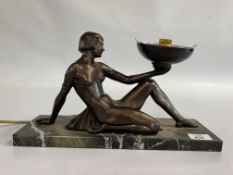 AN ART DECO STYLE RECLINING NUDE FIGURE OF A LADY SET ON HARD STONE BASE - LENGTH 37CM - SOLD AS