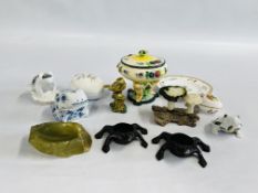 3 PORCELAIN CABINET ORNAMENTS OF FROGS ALONG WITH PAIR OF METAL CRAFT FROG TEA LIGHTS,