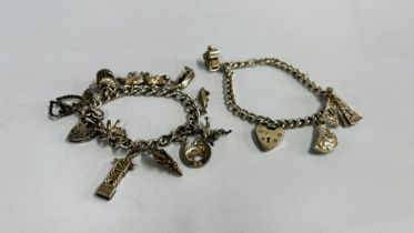 TWO VINTAGE CHARM BRACELETS: 1 BRACELET WITH 12 CHARMS ATTACHED, 1 BRACELET WITH 3 CHARMS ATTACHED.