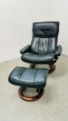 "EKORNES" GREEN STRESSLESS CHAIR AND MATCHING FOOTSTOOL.