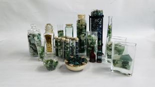 A GROUP OF ASSORTED JARS CONTAINING MARBLES AND SEA GLASS ETC.