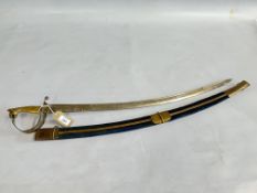 A REPRODUCTION INDIAN CAVALRY DRESS SWORD IN BLUE UPHOLSTERED SCABBARD - NO POSTAGE.