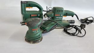 A GROUP OF 3 BOSCH POWER TOOLS TO INCLUDE ORBITAL HAND SANDER MODEL PCX220A,