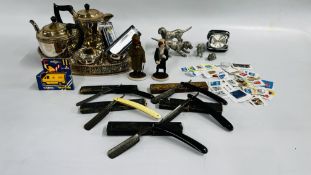 A BOX OF COLLECTIBLES TO INCLUDE A PLATED 4 PIECE TEASET, VARIOUS VINTAGE RAZORS, TRAVEL CLOCK,